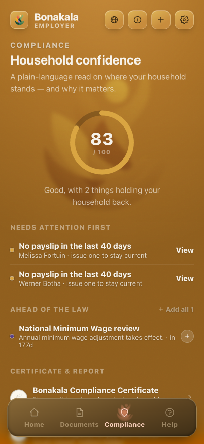 Bonakala Employer compliance screen, showing a household confidence score and what needs attention