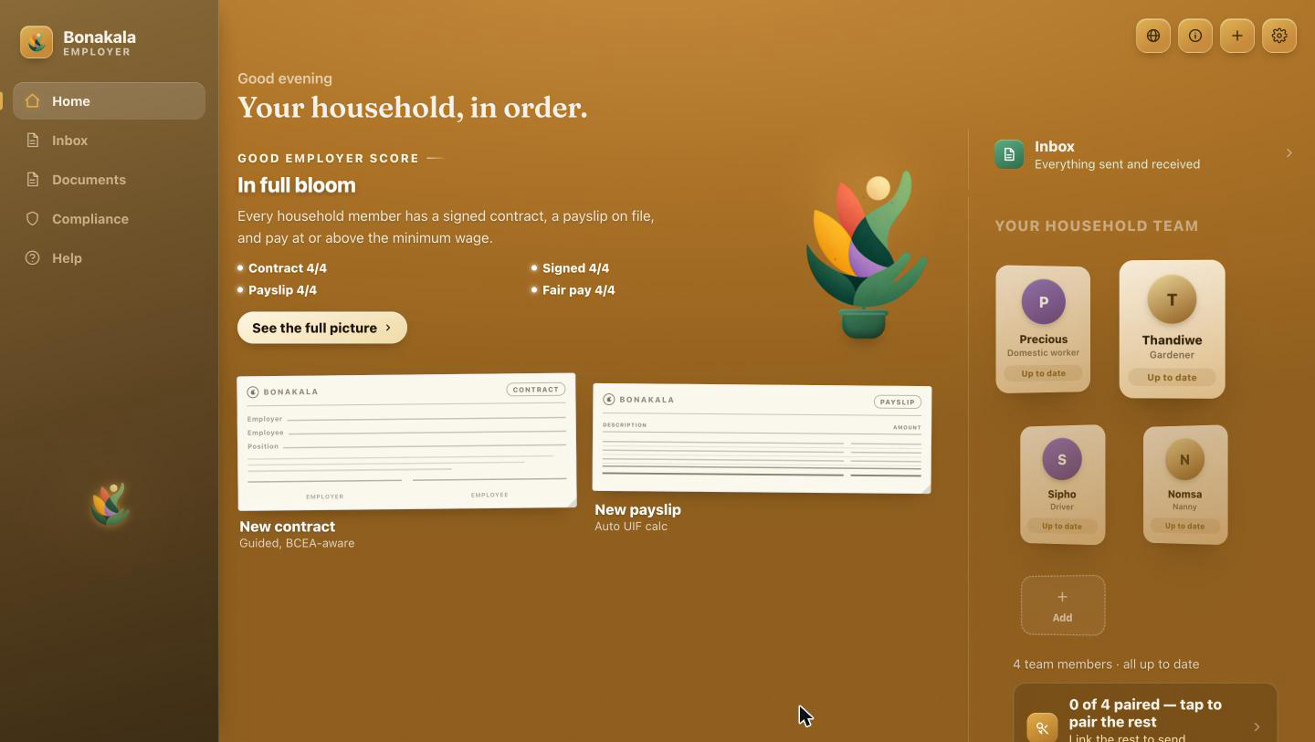 Bonakala Employer desktop app, showing the household dashboard with sidebar navigation