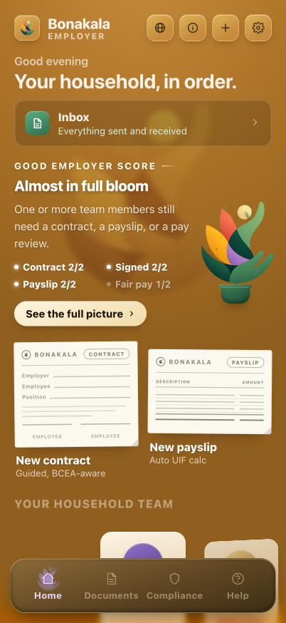 Bonakala Employer home screen, showing household compliance and a household team