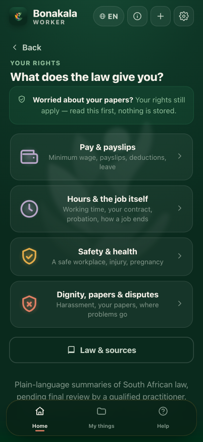 Bonakala Worker rights screen, plain-language summaries of what the law gives a worker