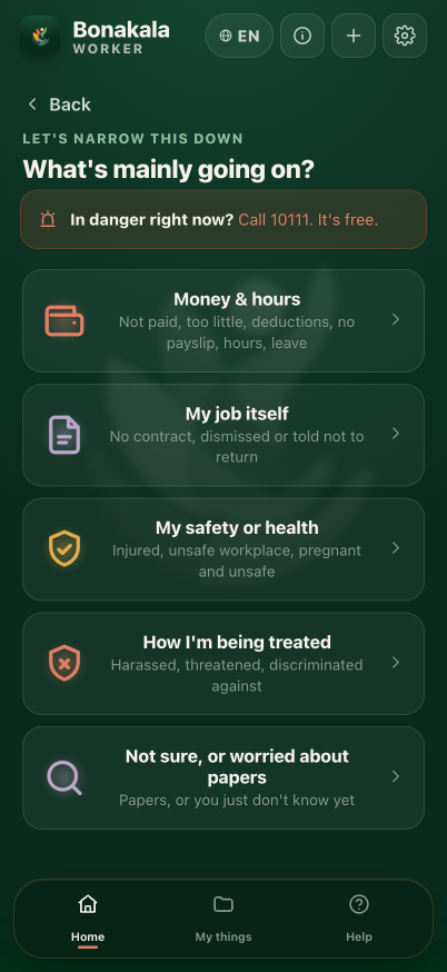 Bonakala Worker problem-sorting screen, narrowing down what is mainly going on at work