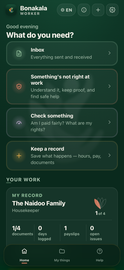 Bonakala Worker home screen, showing an employment record and household team